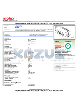 0878681401 datasheet - 1.60mm (.063) Pitch Board-to-Board Panel Detachable, PCB Receptacle, Right Angle, 14 Circuits, Gold (Au) Plating, Lubrication, Tray Packaging, Lead-free