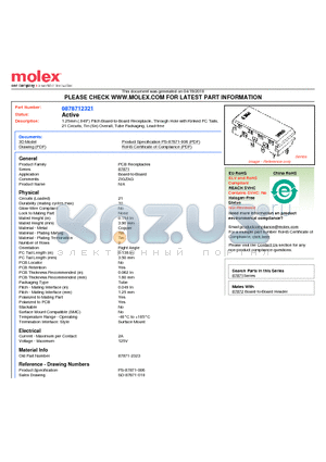 0878712321 datasheet - 1.25mm (.049) Pitch Board-to-Board Receptacle, Through Hole with Kinked PC Tails, 21 Circuits, Tin (Sn) Overall, Tube Packaging, Lead-free