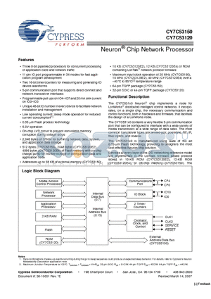 CY7C53150 datasheet - Neuron^ Chip Network Processor