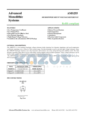 AMS255 datasheet - MICROPOWER SHUNT VOLTAGE REFERENCE