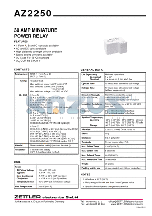 AZ2250-1A-12AF datasheet - 30 AMP MINIATURE POWER RELAY