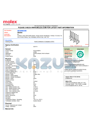 0878980306 datasheet - 2.54mm (.100) Pitch KK^ Header, Surface Mount, Breakaway, Vertical, 3 Circuits, Tin (Sn) Overall Plating, Tray Packaging, without Cap, Lead- free