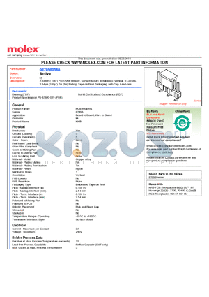 0878980568 datasheet - 2.54mm (.100) Pitch KK^ Header, Surface Mount, Breakaway, Vertical, 5 Circuits, 2.54lm (100l) Tin (Sn) Plating, Tape on Reel Packaging, with Cap, Lead-free