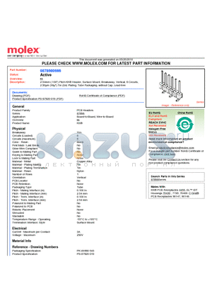 0878980666 datasheet - 2.54mm (.100) Pitch KK^ Header, Surface Mount, Breakaway, Vertical, 6 Circuits, 2.50lm (98l) Tin (Sn) Plating, Tube Packaging, without Cap, Lead-free