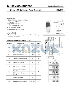 2SD560 datasheet - Silicon NPN Darlington Power Transistor