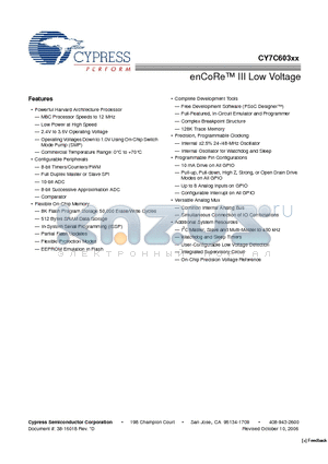 CY7C603XX datasheet - enCoRe III Low Voltage