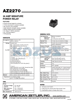AZ2270-1A-12DF datasheet - 30 AMP MINIATURE POWER RELAY