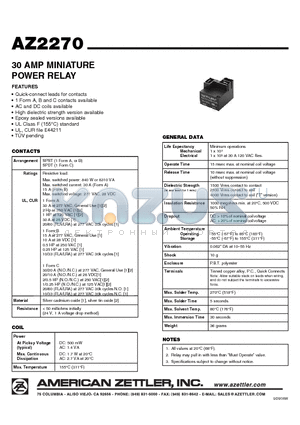 AZ2270-1A-208AF datasheet - 30 AMP MINIATURE POWER RELAY