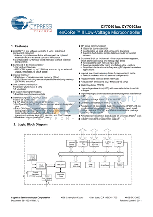 CY7C602XX datasheet - enCoRe II Low-Voltage Microcontroller Master or slave operation