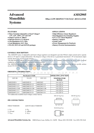 AMS2905-25 datasheet - 500mA LOW DROPOUT VOLTAGE REGULATOR