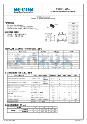 2SD602A datasheet - NPN Plastic-Encapsulate Transistor