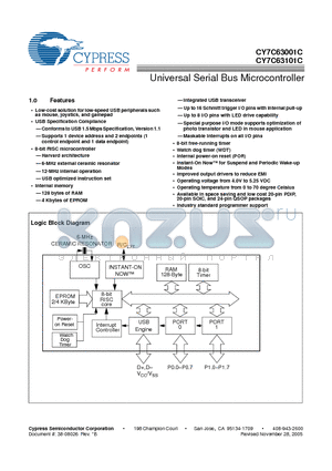CY7C63001C-PXC datasheet - Universal Serial Bus Microcontroller