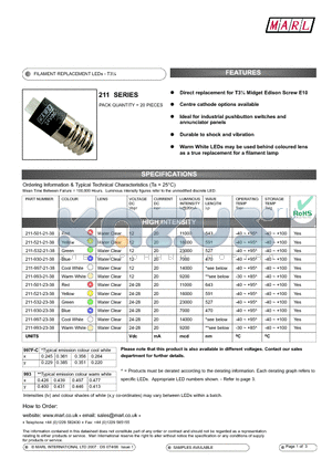 211-532-21-38 datasheet - FILAMENT REPLACEMENT LEDs - T3l