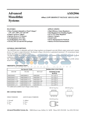 AMS2906-50 datasheet - 600mA LOW DROPOUT VOLTAGE REGULATOR