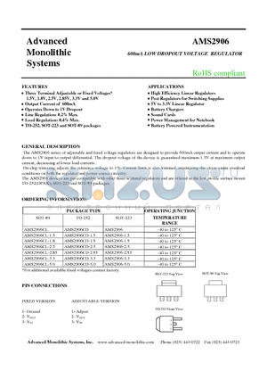 AMS2906CL-1.5 datasheet - 600mA LOW DROPOUT VOLTAGE REGULATOR