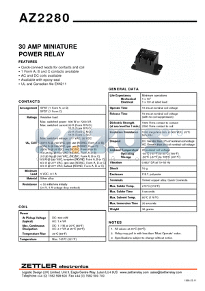 AZ2280-1A-12A datasheet - 30 AMP MINIATURE POWER RELAY