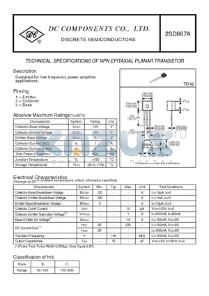2SD667A datasheet - TECHNICAL SPECIFICATIONS OF NPN EPITAXIAL PLANAR TRANSISTOR