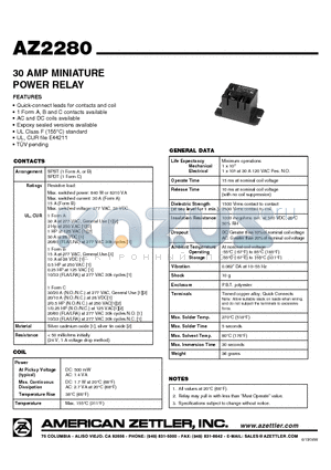 AZ2280-1A-15DF datasheet - 30 AMP MINIATURE POWER RELAY
