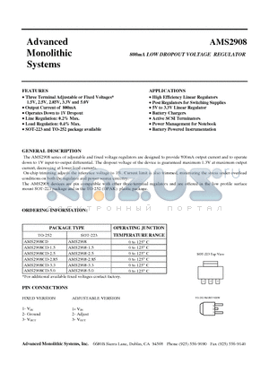 AMS2908 datasheet - 800mA LOW DROPOUT VOLTAGE REGULATOR