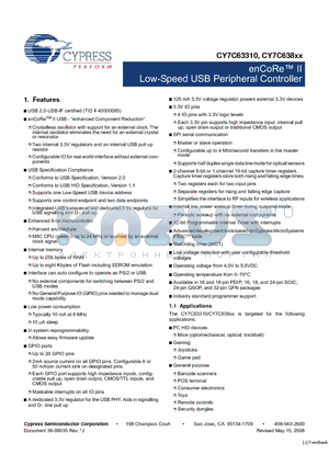 CY7C63310-PXC datasheet - enCoRe II Low-Speed USB Peripheral Controller