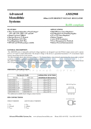 AMS2908-1.5 datasheet - 800mA LOW DROPOUT VOLTAGE REGULATOR