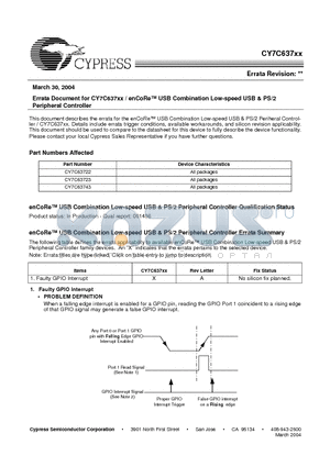 CY7C63722 datasheet - enCoRe USB Combination Low-speed USB