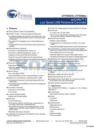 CY7C63310_08 datasheet - enCoRe II Low Speed USB Peripheral Controller