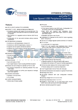 CY7C63801-SXC_12 datasheet - enCoRe II Low Speed USB Peripheral Controller