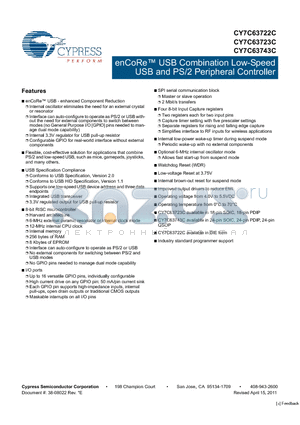 CY7C63743C-PXC datasheet - enCoRe USB Combination Low-Speed USB and PS/2 Peripheral Controller