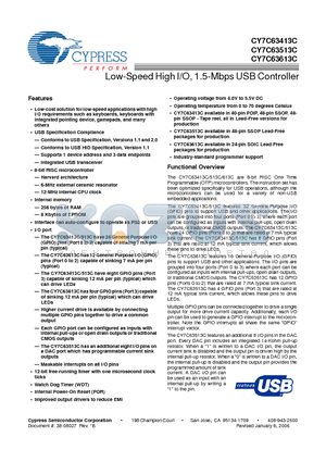 CY7C63413C-PXC datasheet - Low-Speed High I/O, 1.5-Mbps USB Controller