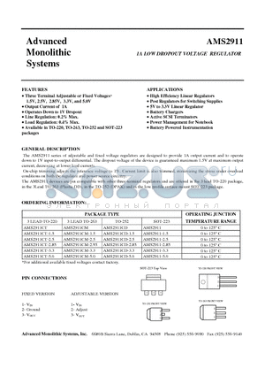 AMS2911-33 datasheet - 1A LOW DROPOUT VOLTAGE REGULATOR