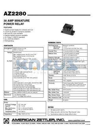 AZ2280-1A-277AF datasheet - 30 AMP MINIATURE POWER RELAY