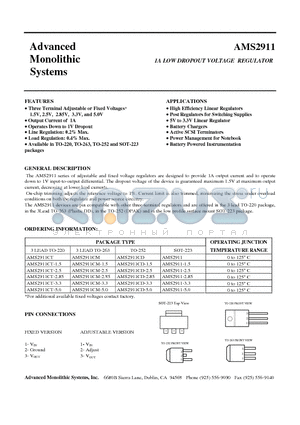 AMS2911CM-50 datasheet - 1A LOW DROPOUT VOLTAGE REGULATOR