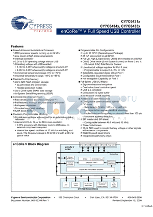 CY7C64315-16LKXI datasheet - enCoRe V Full Speed USB Controller