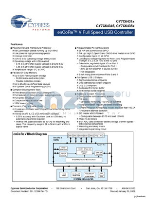 CY7C6431X_09 datasheet - enCoRe V Full Speed USB Controller