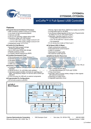 CY7C64355-48LTXCT datasheet - enCoRe V Full-Speed USB Controller