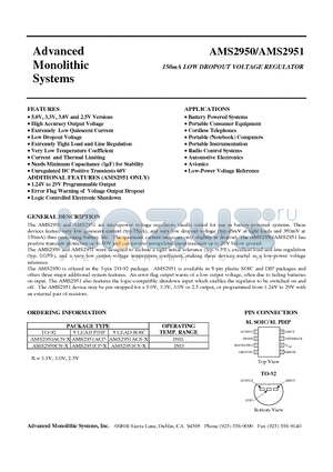 AMS2950CN-25 datasheet - 150mA LOW DROPOUT VOLTAGE REGULATOR