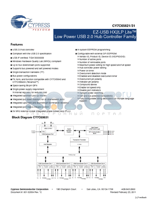 CY7C65621-56LTXCT datasheet - EZ-USB HX2LP Lite Low Power USB 2.0 Hub Controller Family