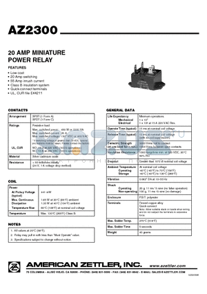 AZ2300-1A-48D datasheet - 20 AMP MINIATURE POWER RELAY