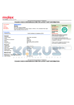 0885235911 datasheet - SC-to-SC, Multimode, 62.5/125lm, Duplex, 3.00mm (.118), Standard Fiber Optic Cable Assembly, 56.0m (183.73)