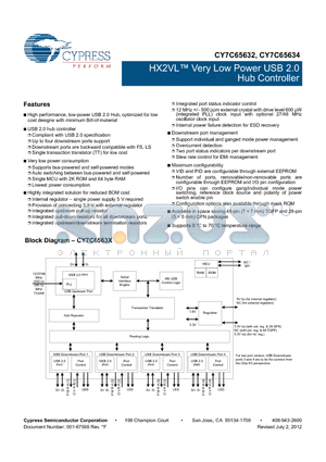 CY7C65632_12 datasheet - HX2VL Very Low Power USB 2.0 Hub Controller