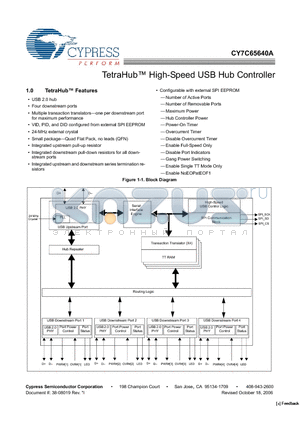 CY7C65640A datasheet - TetraHub High-Speed USB Hub Controller