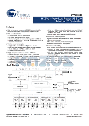 CY7C65642-48AXCT datasheet - HX2VL  Very Low Power USB 2.0 TetraHub Controller