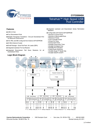 CY7C65640A-LTXCT datasheet - TetraHub High Speed USB Hub Controller