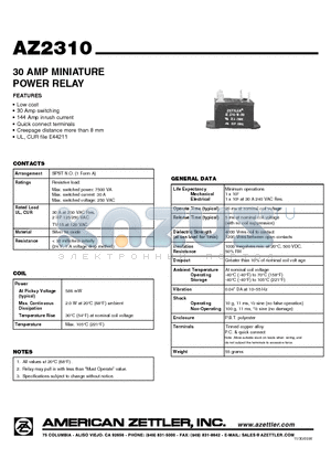 AZ2310 datasheet - 30 AMP MINIATURE POWER RELAY