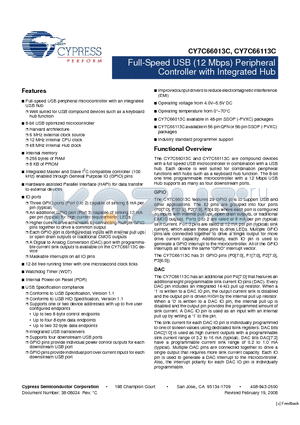 CY7C66113C-LFXC datasheet - Full-Speed USB (12 Mbps) Peripheral Controller with Integrated Hub