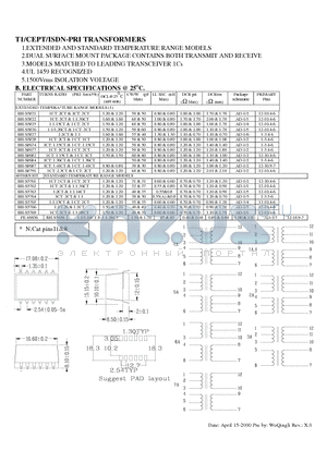 BH-S8682 datasheet - T1/CEPT/ISDN-PRI TRANSFORMERS