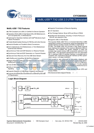 CY7C68000A-56LTXC datasheet - MoBL-USB TX2 USB 2.0 UTMI Transceiver