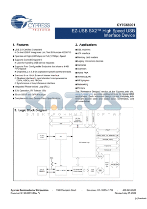 CY7C68001-56PVXC datasheet - EZ-USB SX2 High Speed USB Interface Device