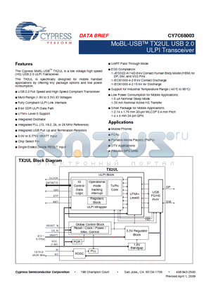 CY7C68003 datasheet - MoBL-USB TX2UL USB 2.0 ULPI Transceiver